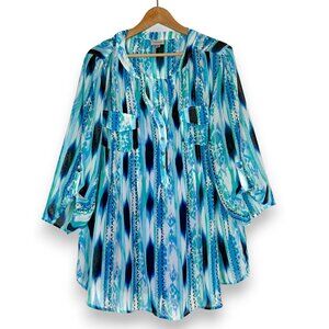 Avenue Ikat Tunic Blouse Top Blue Sheer Chiffon Roll Tab Sleeve Plus 22 / 24